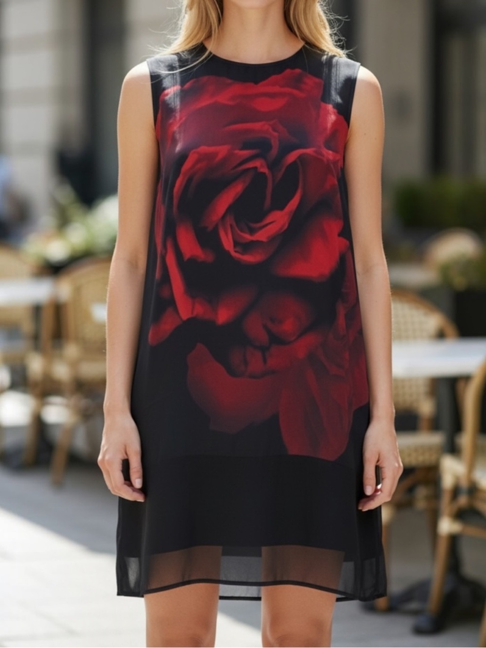 McQ McQueen Rose Graphic Mini Sheath Dress Black/Red SZ XS IT 38